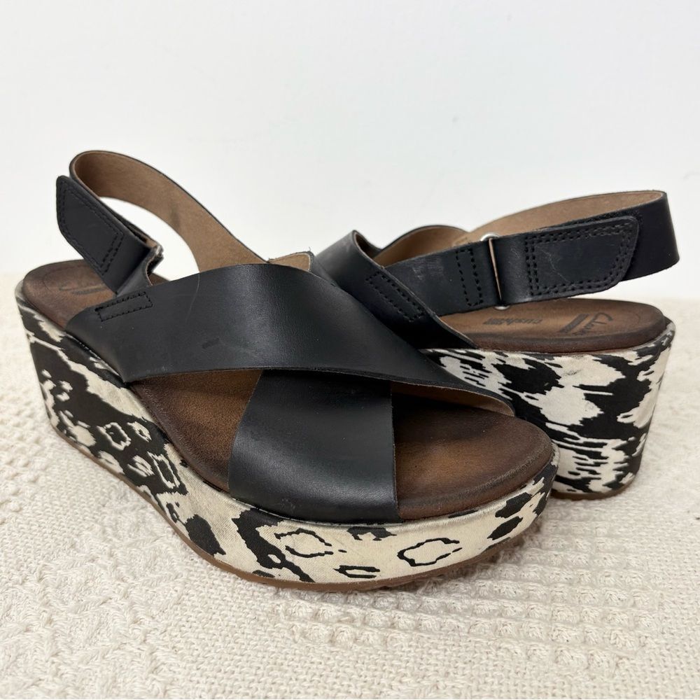 Clarks Stasha Hale Wedges Black Leather Criss Cross Sandals